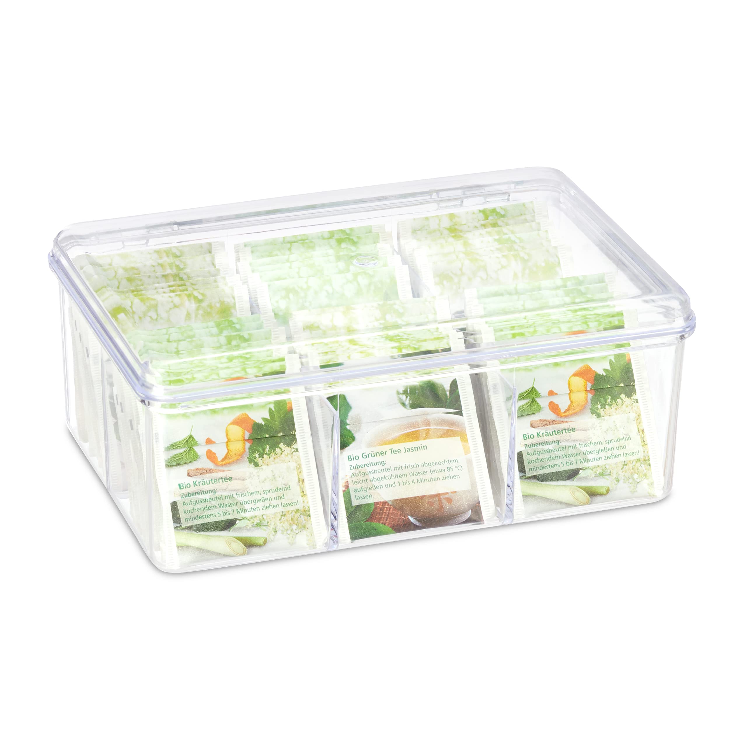 Relaxdays Tea Box, 6 Compartments, 90 Teabags with Hinged Lid, Flavour-Preserving, HxWxD 9 x 21.5 x 14.5 cm, Transparent