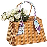 RT&BS Rattan Flower Basket, Wicker Basket with Handle, Handwoven Wicker Handbag, Women Straw Tote, Woven Easter Baskets, Rattan Baskets for Home Decor, Wedding, Picnic, Party (Scarf)