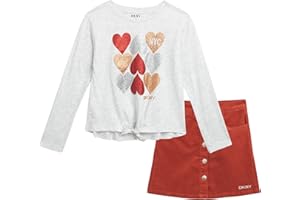 DKNY Girls' Skirt Set - 2 Piece Long Sleeve T-Shirt and Button Front Corduroy Skirt (Size: 7-12)