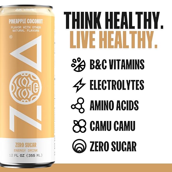 ZOA ZERO SUGAR ENERGY DRINKS – PINEAPPLE COCONUT | HEALTHY ENERGY FORMULA WITH NATURAL CAFFEINE, DAILY VITAMIN C, ESSENTIAL B-VITAMINS | GLUTEN-FREE, KETO FRIENDLY | 12 OUNCE CANS (PACK OF 12)