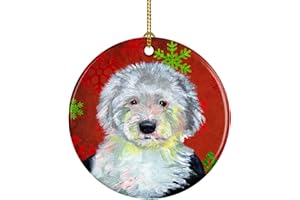 Caroline's Treasures Old English Sheepdog Red Green Snowflakes Holiday Christmas Ceramic Ornament Christmas Tree Hanging Decorations for Home Christmas Holiday, Party, Gift, 3 in, Multicolor