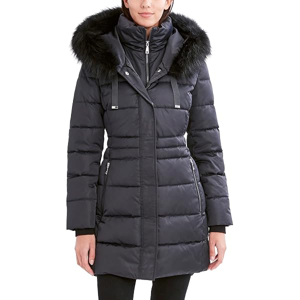 1 Madison Women's Long Winter Coat with Fox Fur Trimmed Hood