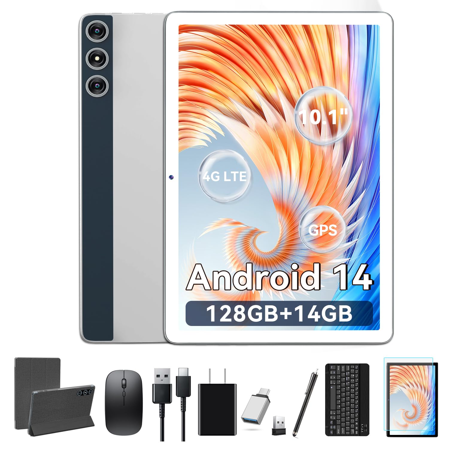 Photo 1 of *DOESNT FULLY POWER ON AT ALL**Tablet 10.1 Inch Android 14, Octa-Core 5G WiFi, 128GB ROM 14GB RAM, Dual Sim Card Slot, Camera, 2025 Latest Tab with Keyboard Bundle 1TB Expand Android Tablet 13MP+8MP, Unlocked for T-Mobile (Silver)