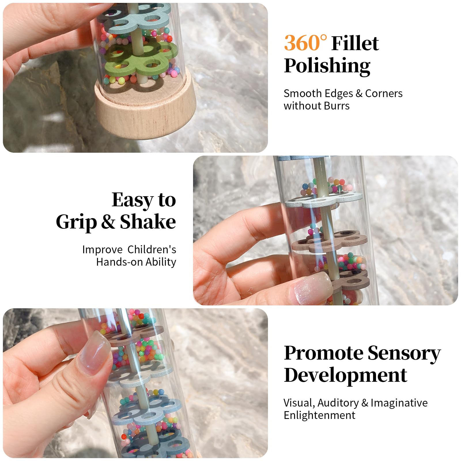 WODI Wooden Baby Rattle Rainstick Rainmaker Montessori Musical Toy for Infants Toddlers Newborns 0-3-6-9-12 Months Sensory Development