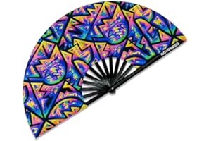 Ravevibes 13" Large Rave Fan Folding Hand Fan, Bamboo Festival Clack Fan Foldable UV Glow Edm Fans For Rave Outfits Accessories Performance Dance Party For Men Women, Wavy-4