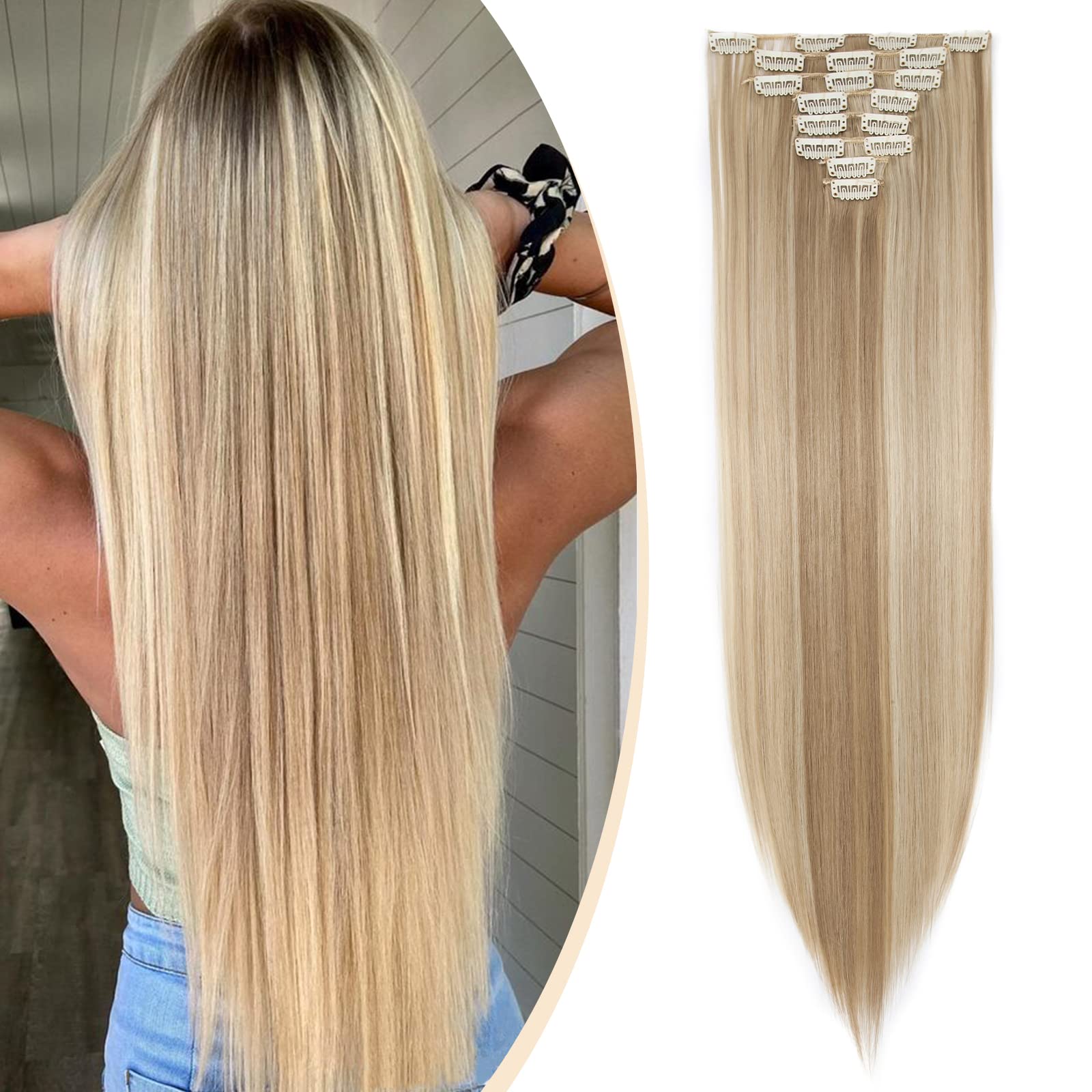 S-noilite® 17-26 Inches(43-66cm) 8pcs Long Full Head Clip In Hair Extensions Extension Sexy Lady Fashion Halloween Choice 60 Colours (26 Inches-Straight, Sandy blonde & bleach blonde)