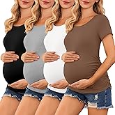Ekouaer 4 Packs Women’s Maternity Shirts Short Sleeve Side Ruched Pregnancy Tee Tops Tunic Blouse Mama Clothes