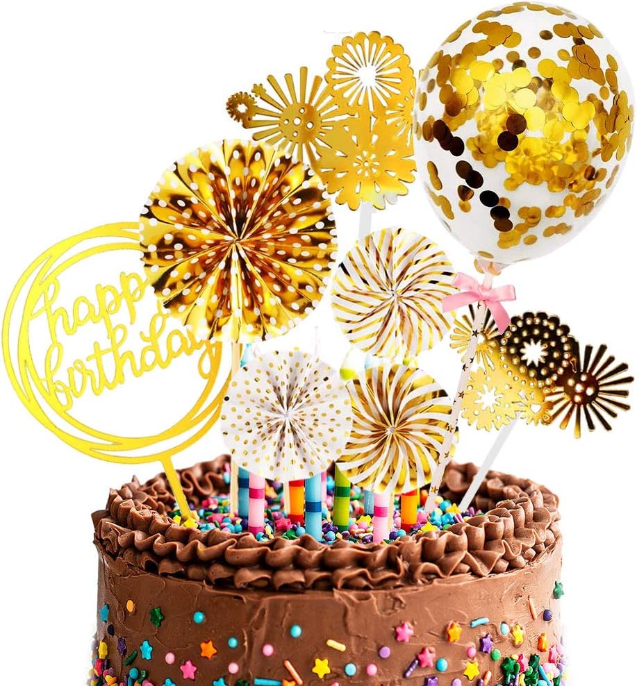 Happy Birthday Cake Topper, 8Pcs Paper Fans Fireworks Confetti Balloon