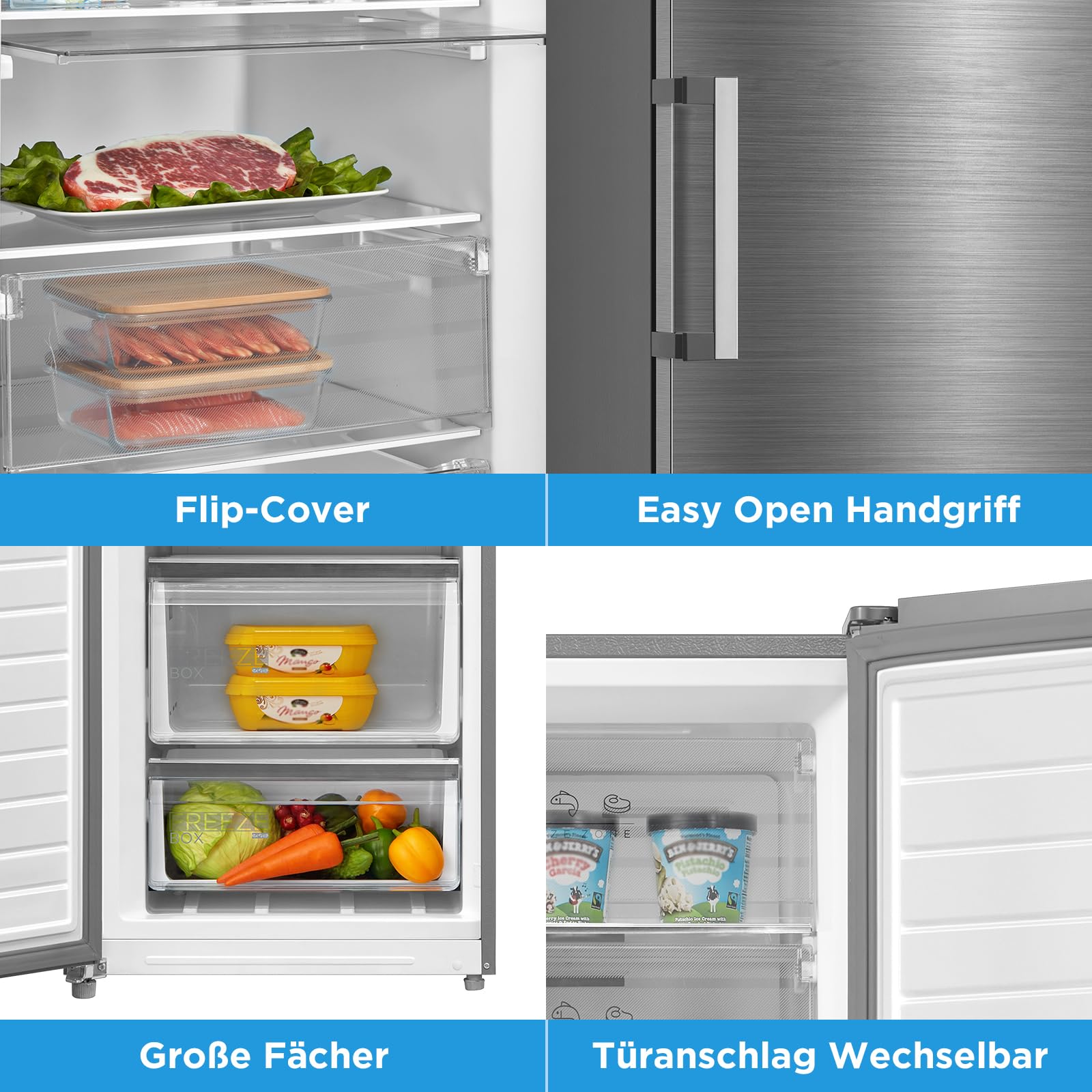 Midea Gefrierschrank & Kühlschrank in einem MDRU385MTE46 | 273L, 185 cm | Umschaltbarer Kühl- & Gefriermodus | NoFrost & Multi Air Flow | GMCC-Kompressor, Leise & Energiesparend | Freistehend, Inox 8