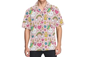 visesunny Mens Casual Button Down Short Sleeve Hawaiian Shirt Cute Unicorn Princess Heart Rainbow Aloha Shirt