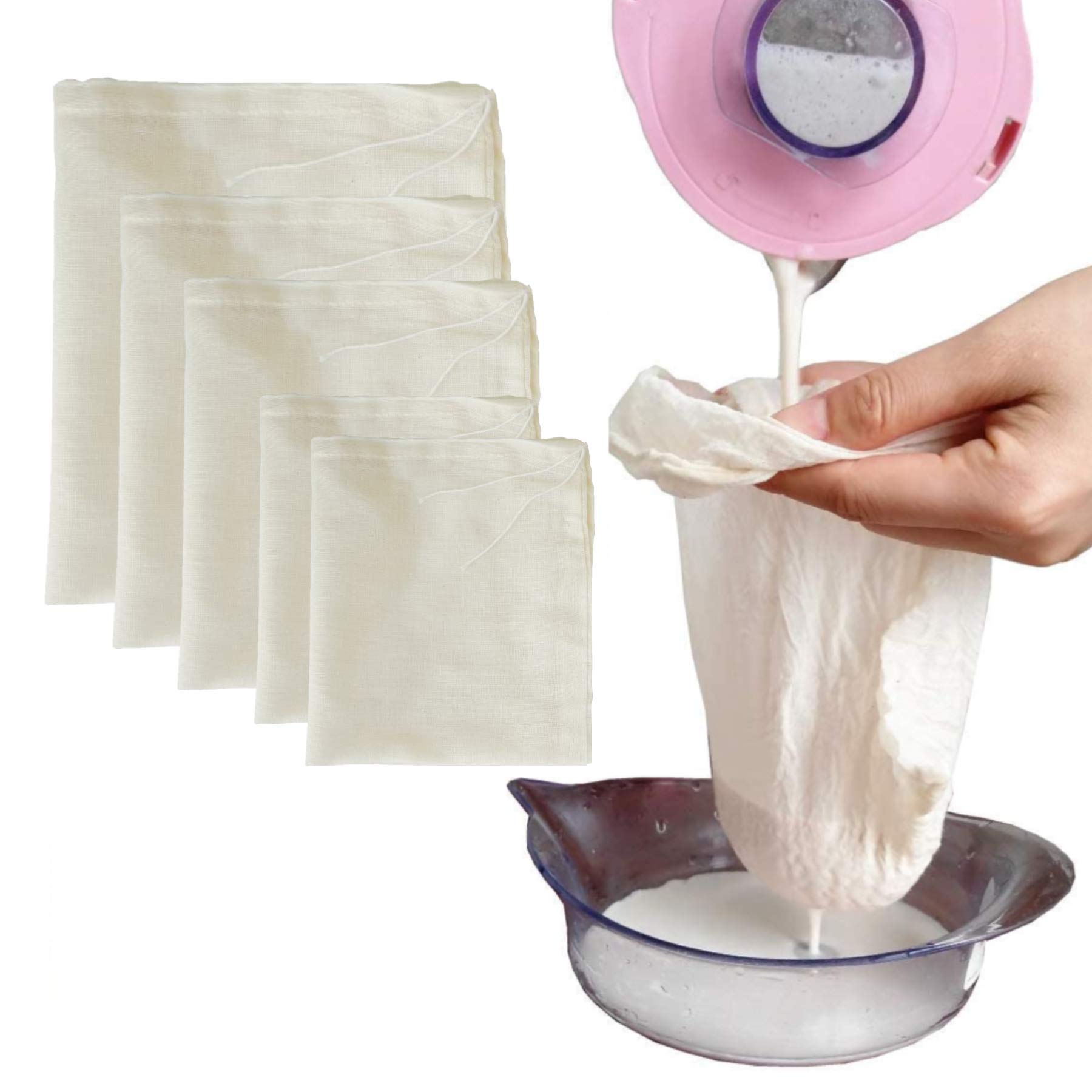 AOUXSEEM 5 Pack Cheesecloth Bags for Cold Brew Coffee Hot Milk Tea, Cotton Reusable Nut Milk Bag, Mesh Filter Spices Cook Bag, Make Greek Yoghurt Cheese Juice Strainer 12"x14"/10"x12"/8"x10"/4"x6" — image 1