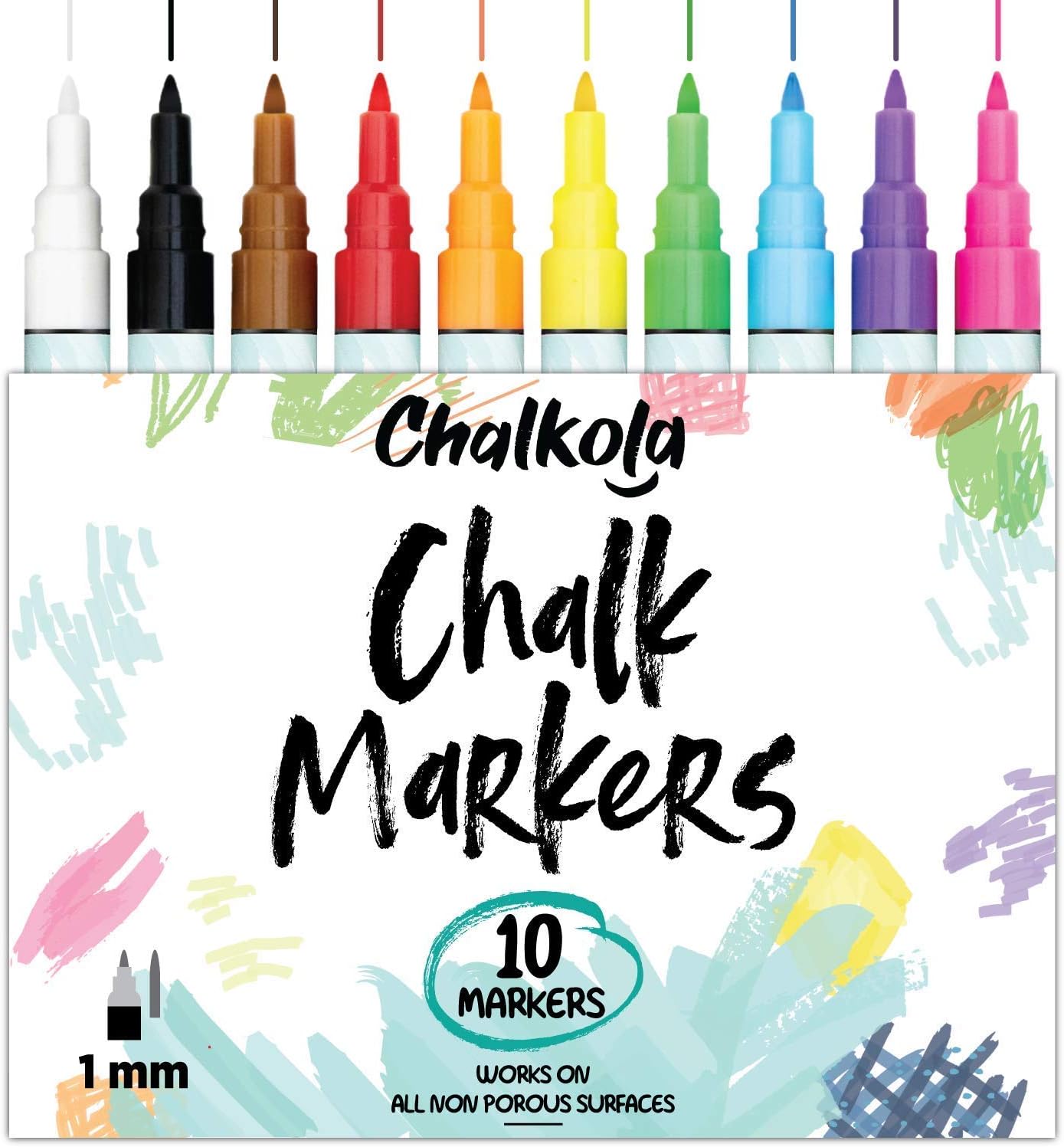 1mm Extra Fine Tip Chalk Pens (10 Pack) Neon Color Liquid Chalk Markers | Non-Toxic, Wet Wipe | For Blackboards, Chalkboard, Window, Glass