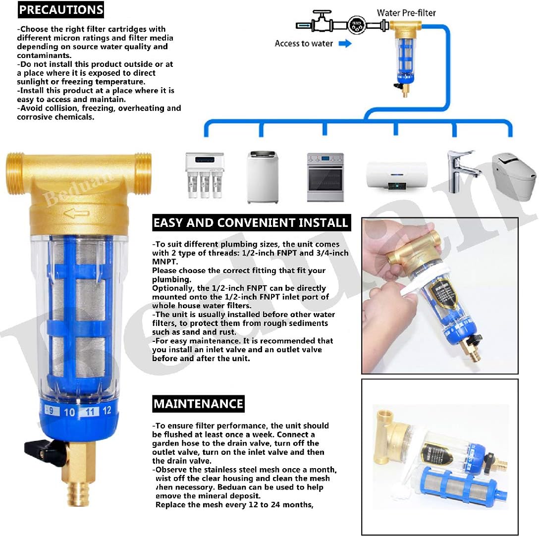 Beduan Water Pre-Filter Sediment Filter 40 Micron, 3/4" MNPT, 1/2" FNPT, Whole House Reusable Spin Down Sediment Filter System: Home Improvement