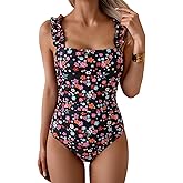 Eomenie Women's One Piece Swimsuit Tummy Control Square Neck Bathing Suit Ruffle Straps Ribbed Swimwear