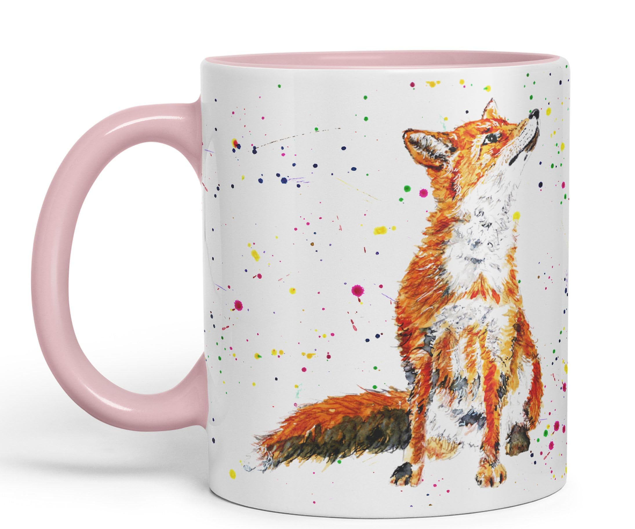 Vixar Fox British Wildlife Hand Painted Design Watercolour Art Coloured Mug Cup Gift Birthday Work Office Christmas Tea Coffee (Pink)