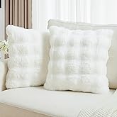 FUTEI Cream White Decorative Throw Pillow Covers 18x18 Inch Set of 2,Soft Fuzzy Faux Rabbit Fur Cushion Covers with Raised Texture,Neutral Boho Home Decor for Couch Bed Living Room