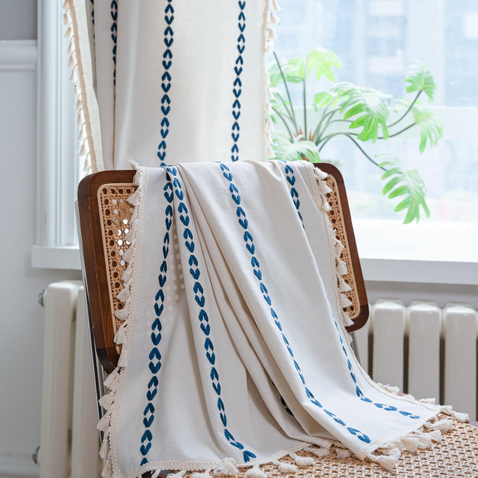 Photo 1 of Deeprove Navy Blue Boho Curtains 96 inches Long for Bedroom, Vintage Privacy Bohemian Embroidery Light Filter Cotton Linen Stripes French Country Tassel Window Treatments Decor, W52 x L96, 1 Panel