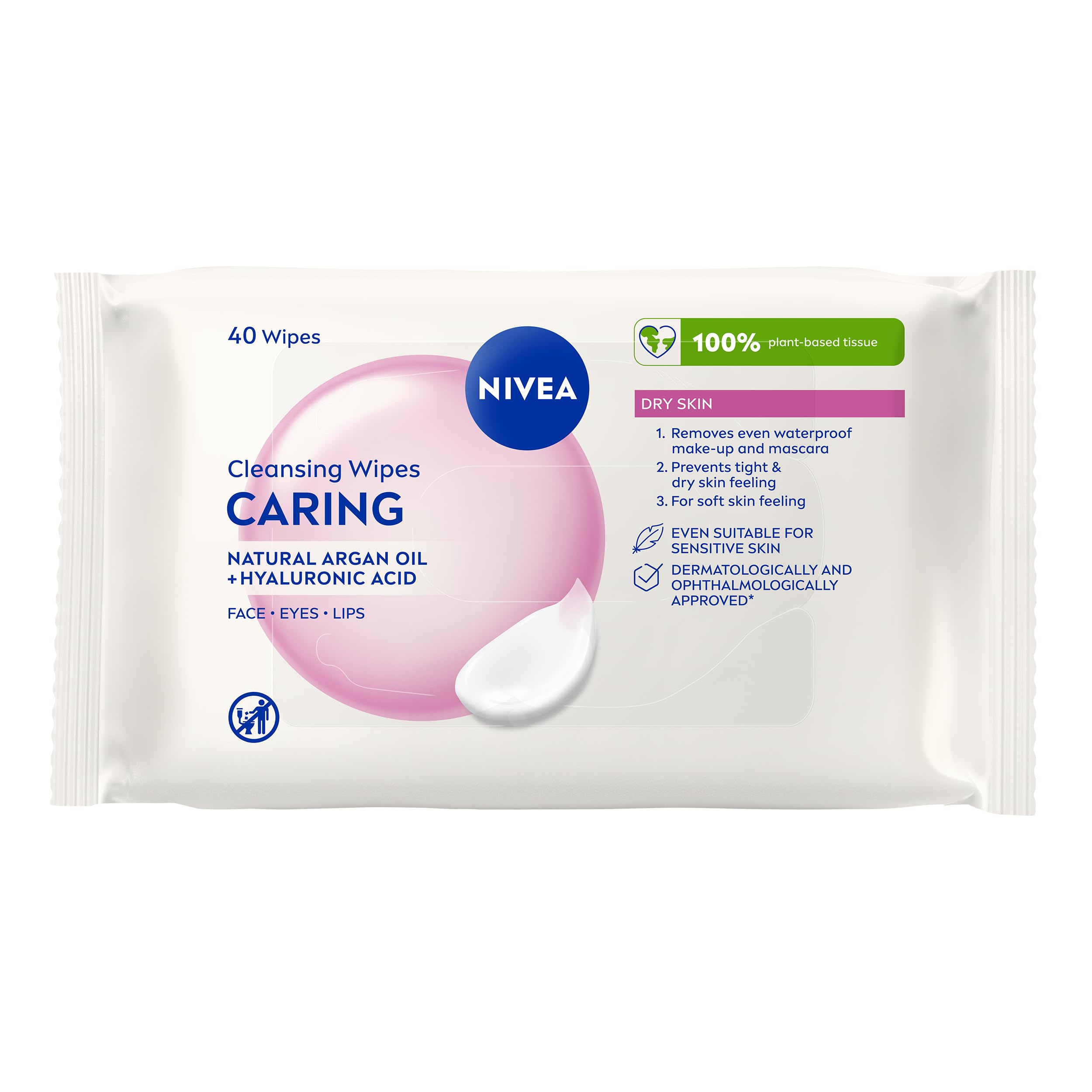 NIVEA 3in1 Caring Cleansing Wipes Dry Skin (40 Wipes), Plant-Based Makeup Remover Sheets, Face Wipes for Dry Skin, Gentle yet Effective Makeup Removal
