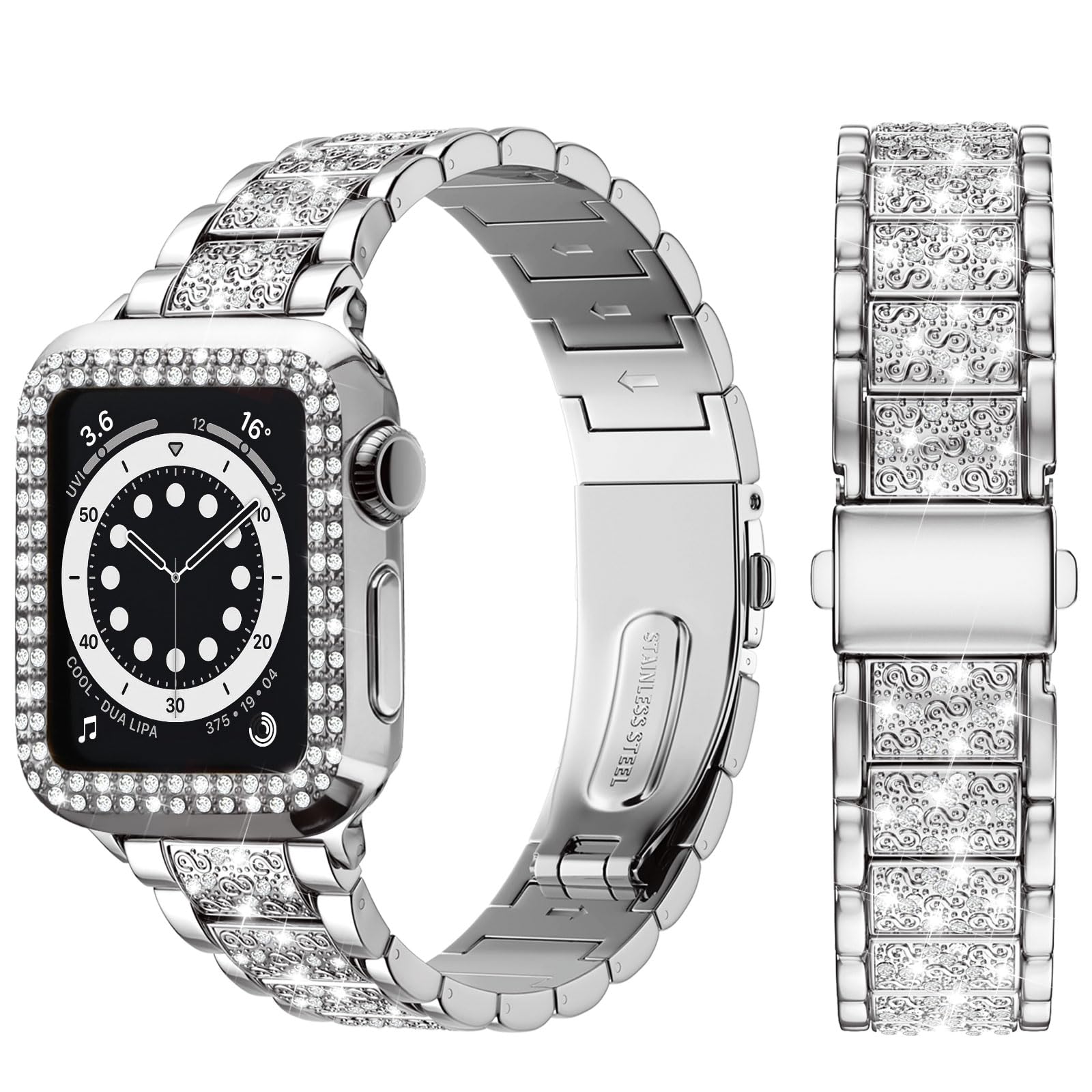 wutwuk Compatible with Apple Watch Straps Women 42mm Metal Sparkling iWatch band with Case Replacement Rhinestone Glitter Wristband for Apple Watch Series 3 2 1-Silver 42mm