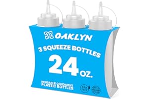 Oaklyn Squeeze Bottles 24oz 3 Pack (Large Size) - Reusable Condiment Bottles for Sauces Liquids BPA-Free Leak Proof Design, Easy to Clean Plastic Squeeze Bottles with Nozzle