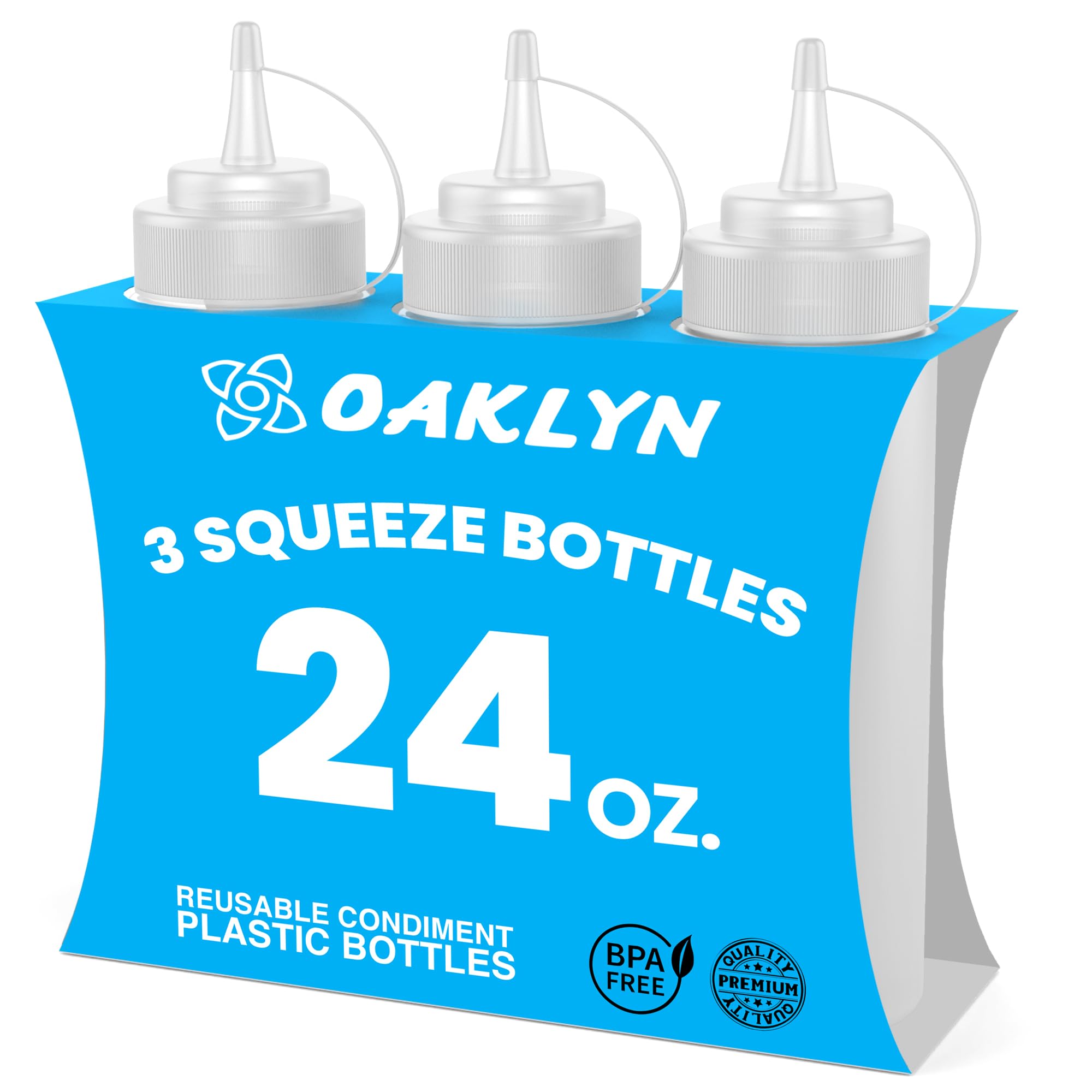 Oaklyn (3pk 24oz (590 ml) Plastic Squeeze Bottles with Screw On Cap Lids - Top Storage Containers for Ketchup Mustard Mayo Hot Sauce Olive Oil - Bulk Clear BPA Free Condiment Bottle Set for Cooking