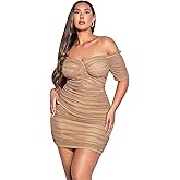 WDIRARA Women's Plus Size Off Shoulder Ruched Mesh Frill Tummy Control Knitted Pencil Bodycon Mini Dress