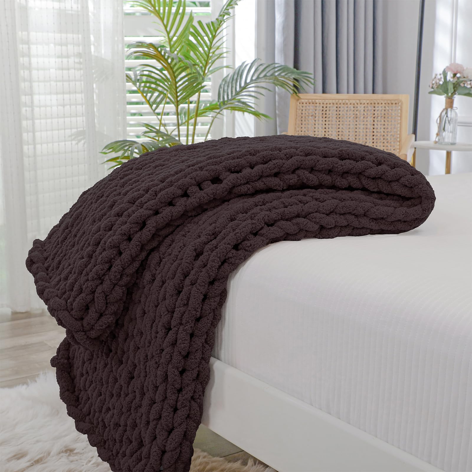 Photo 1 of Bigacogo Chunky Knit Throw Blanket for Couch, 40x80 inches, 100% Hand Knitted with Thick Jumbo Chenille Yarn, Cozy Soft Large Rope Knot Cable Crochet Blankets for Sofa Bed Living Room, Chocolate