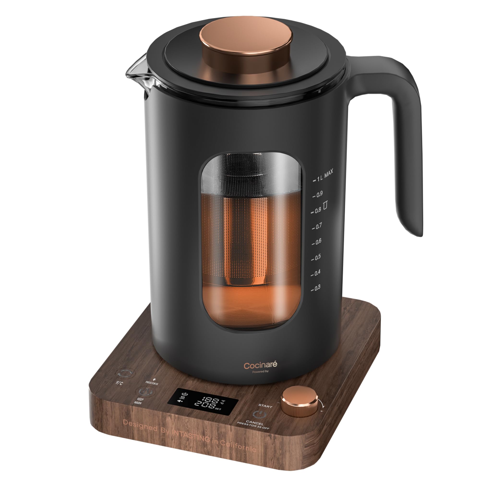 Photo 1 of INTASTING Electric Tea Kettle, Electric Kettle with Tea Infuser, ±1? Knob Temperature Control, BPA-Free Glass, 1200W Fast Heating, Easy to Clean, 1 Liter (Wood)