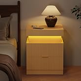 Lezyhaus Wooden Nightstand with Charging Station &amp; LED Lights, Modern Fluted Bedside Table with Sliding Top &amp; Drawers for Bedroom &amp; Living Room, Natural Oak