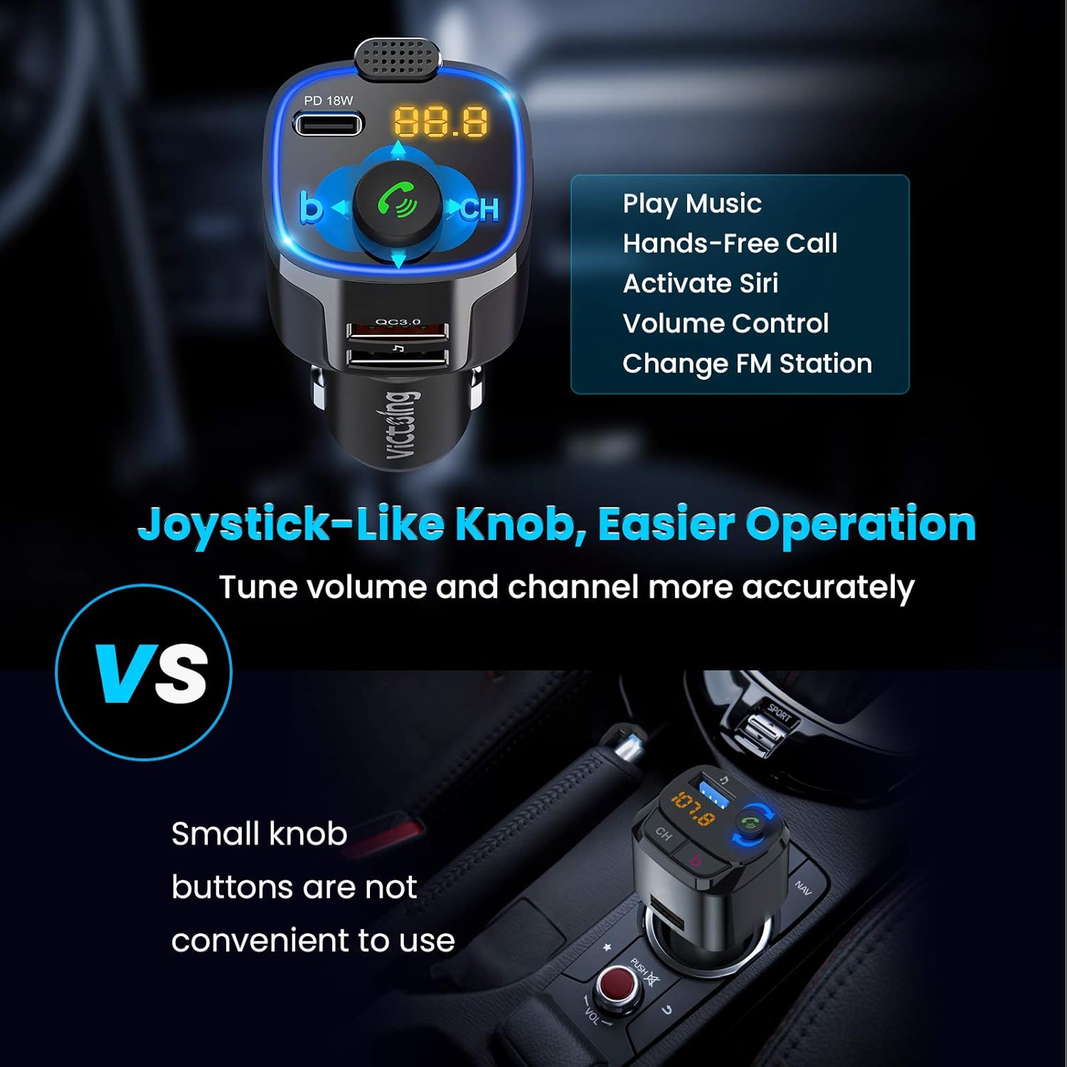VicTsing(Upgraded Version) V5.0 Bluetooth FM Transmitter for Car, 23W PD+QC3.0 Wireless Bluetooth Car Adapter/Car Kit/Music Player with 3 USB Ports, Bass Model, Hand-Free Calling, Blue LED: Electronics