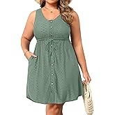 Plus Size Summer Dresses - Casual Beach Eyelet Sleeveless Tank V Neck Button Down Swing Short Sundress Pockets Women