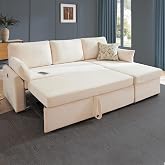 Waxberry 85" L Shaped Sectional Sofa Couch, Pull Out Couch Sleeper Sofa Bed for Living Room, Soft Chenille Deep Seat Sofa, Reversible Chaise, Storage, Side Pockets &amp; Dual USB/Type-C Ports, Beige