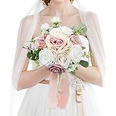 HOMENERGY Wedding Bouquets for Bride - Artificial Bridal Bouquets Pre-Made Roses Flower Bouquets for Vintage Wedding or Centerpieces Decoration - Dusty Pink & White