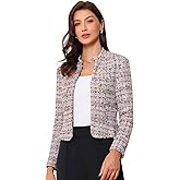 Allegra K Vintage Tweed Jackets for Women's Stand Collar Business Open Front Cropped Blazer Jacket