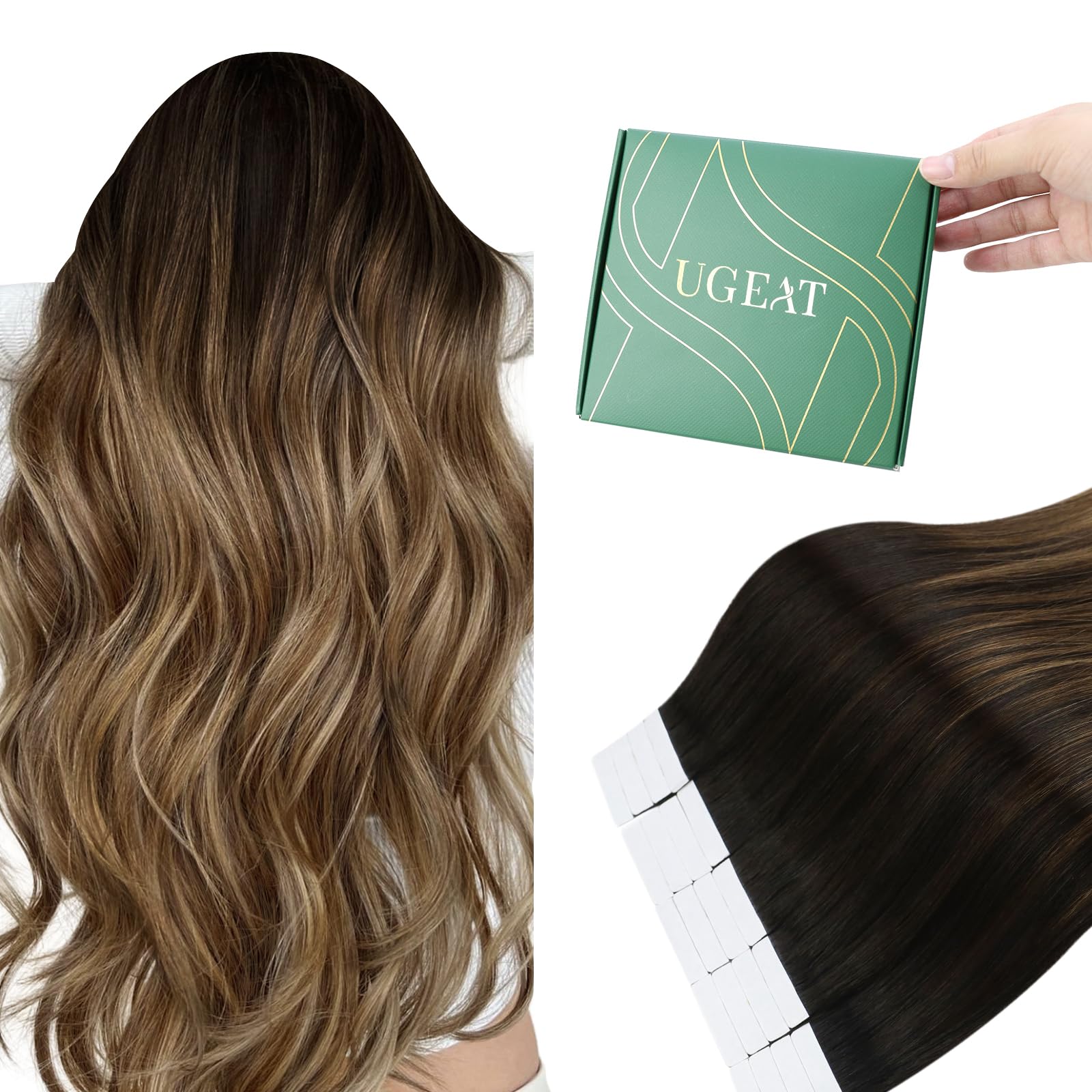 Ugeat 22 Inch Tape in Hair Extensions Human Hair Balayage Medium Brown Tape in Human Hair Extensions Ombre Dark Brown for Women 50G 20Pcs 2/6/12