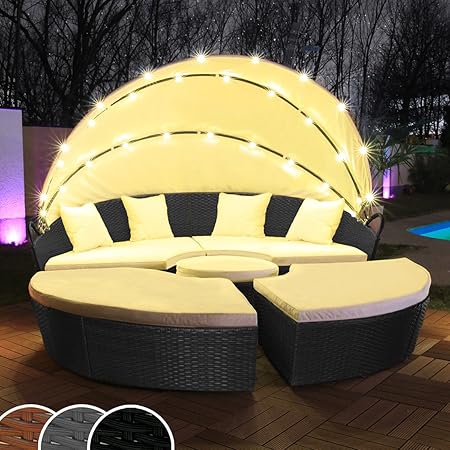 Swing & Harmonie Polyrattan Sonneninsel mit LED Beleuchtung + Solarmodul inklusive Abdeckcover Rattan Lounge Sunbed Liege Ins