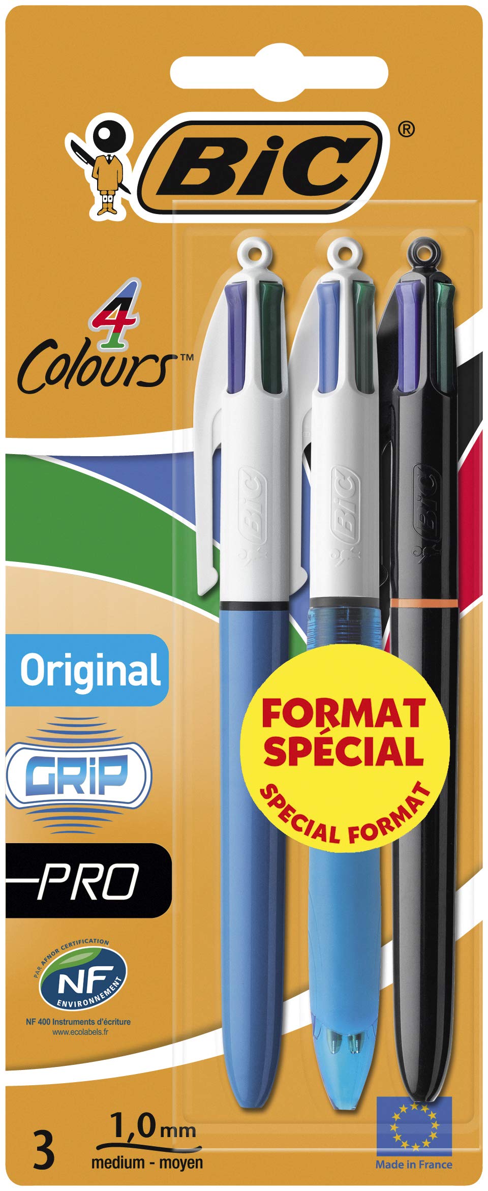 BIC 4 Colours Original Pens - Variety Pack of 3 - Includes Original, Grip and Pro 4 Colour Pens with 1.0 mm Tip,Blue,Green,Red,Black(packaging may vary)