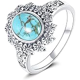 Lvoryance Natural Turquoise Ring for Women 925 Sterling Silver Vintage Flower with Oval Cut Turquoise Ring