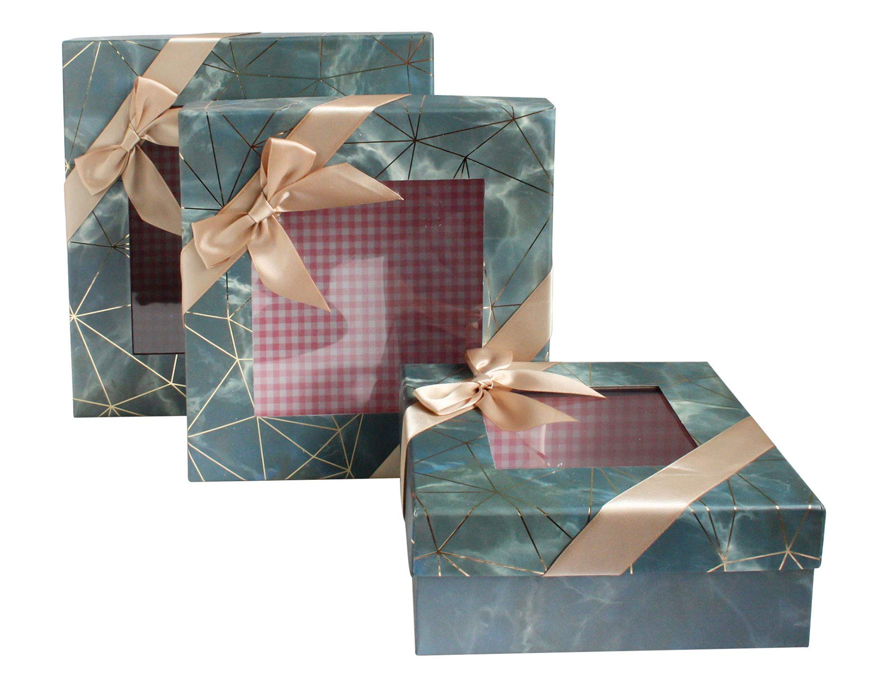 Emartbuy Set of 3 Rigid Square Luxury Presentation Gift Box, Blue/Grey Marble Effect with Gold Origami Lines, Pink Chequered Interior, Clear Top and Satin Bow Ribbon