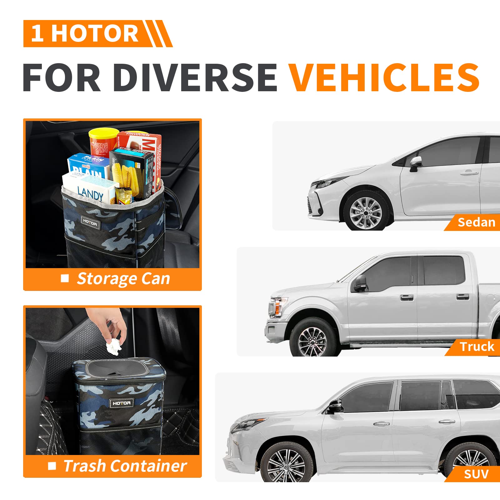 HOTOR Car Trash Can with Lid and Storage Pockets - 100% Leak-Proof Organizer, Waterproof Garbage Can, Multipurpose Trash Bin for Car, 2 Gallons, Camouflage Blue