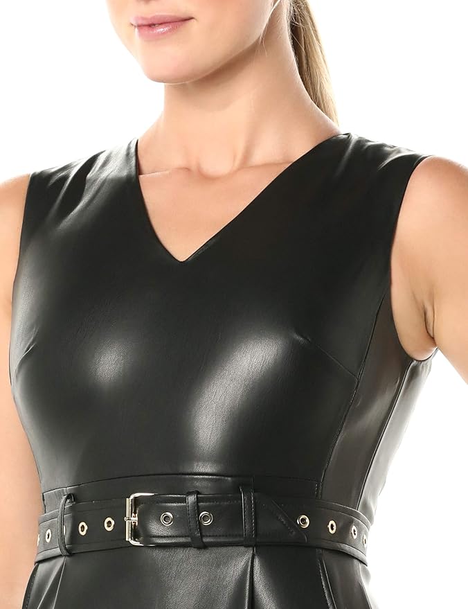 Calvin Klein 卡尔文克莱因 CK 仿皮 V领连衣裙 2码2.8折.89 海淘转运到手约￥381