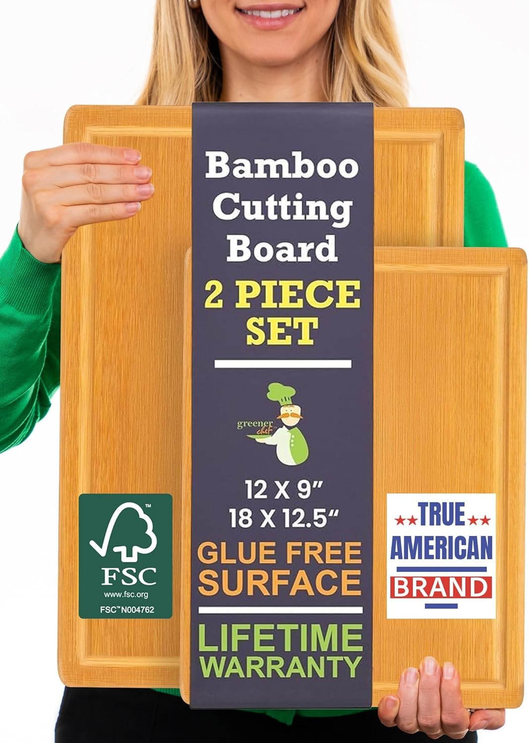 Extra Large Bamboo Cutting Board Set of 2 – Wood Cutting Boards for Kitchen with Glue-Free Surface™ & Juice Groove – Non-Toxic Wooden Chopping Boards, FSC-Certified, Durable Carving Boards - Rectangle Image