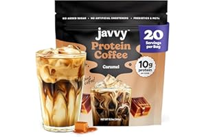 JAVVY Caramel Protein Iced Coffee - Premium Whey Protein & Instant Iced Coffees - 100% Natural Cold Brew - Zero Artificial Flavors & Sweeteners, 80 mg Caffeine Per Serving, No Added Sugar, 20 Servings
