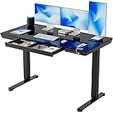 FEZIBO Glass Standing Desk with Drawer, 55 x 24 Inch Height Adjustable Electric Desk with One-Piece Tabletop and USB Ports, B