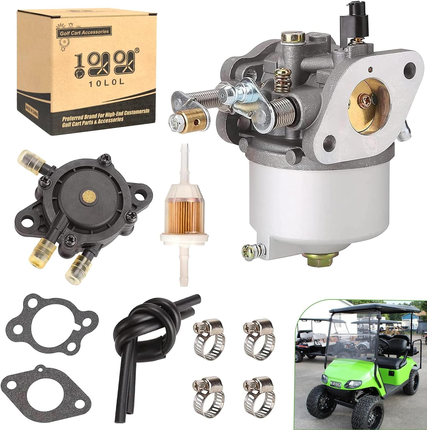 10L0L Golf Cart Carburetor Fuel Pump Kit for EZGO Golf Cart TXT Medalist Marathon 1991-up 4-Cycle with 295cc Engines, Replace OEM 72840-G01 26645-G01 72558-G02 26726-G01 26727-G01 603901 17553