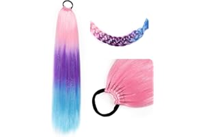 BATISI Ponytail Extension With Hair Tie 26 inch Colored Hair Extensions for Braiding Colorful Ombre Pony Tail Hair Extensions for Braids Rainbow Festival Rave Crazy Hair Day 1 Pack Pink Purple Blue