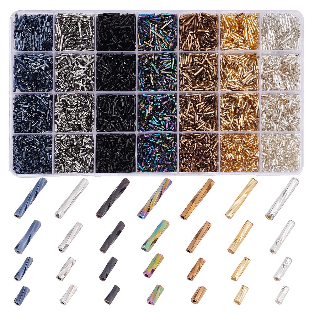 PH PandaHall 6300pcs Glass Bugle Beads 7 Colors Twisted Bugle Beads 5/6/9/12mm Glass Tube Seed Bead Spacer Bead for Earring Bracelet Necklace Jewellery DIY Craft Making, 0.5mm Hole