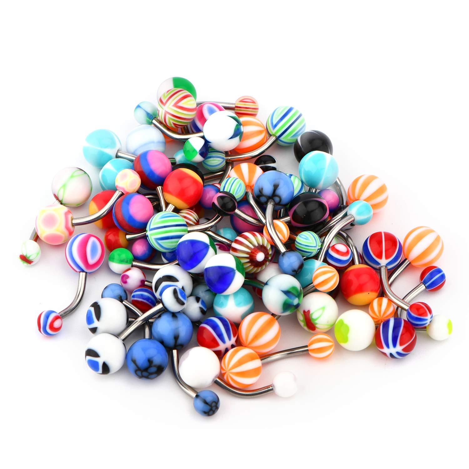 FECTAS 50pcs Belly Button Ring Pack 10mm 14G Stainless Steel Navel Bars with Acrylic Balls Piercing