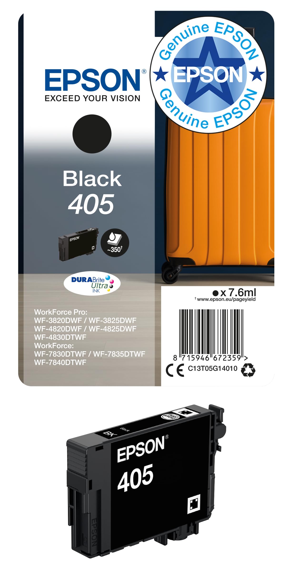 Epson 405 Black Suitcase Genuine, DURABrite Ultra Ink, Standard Capacity