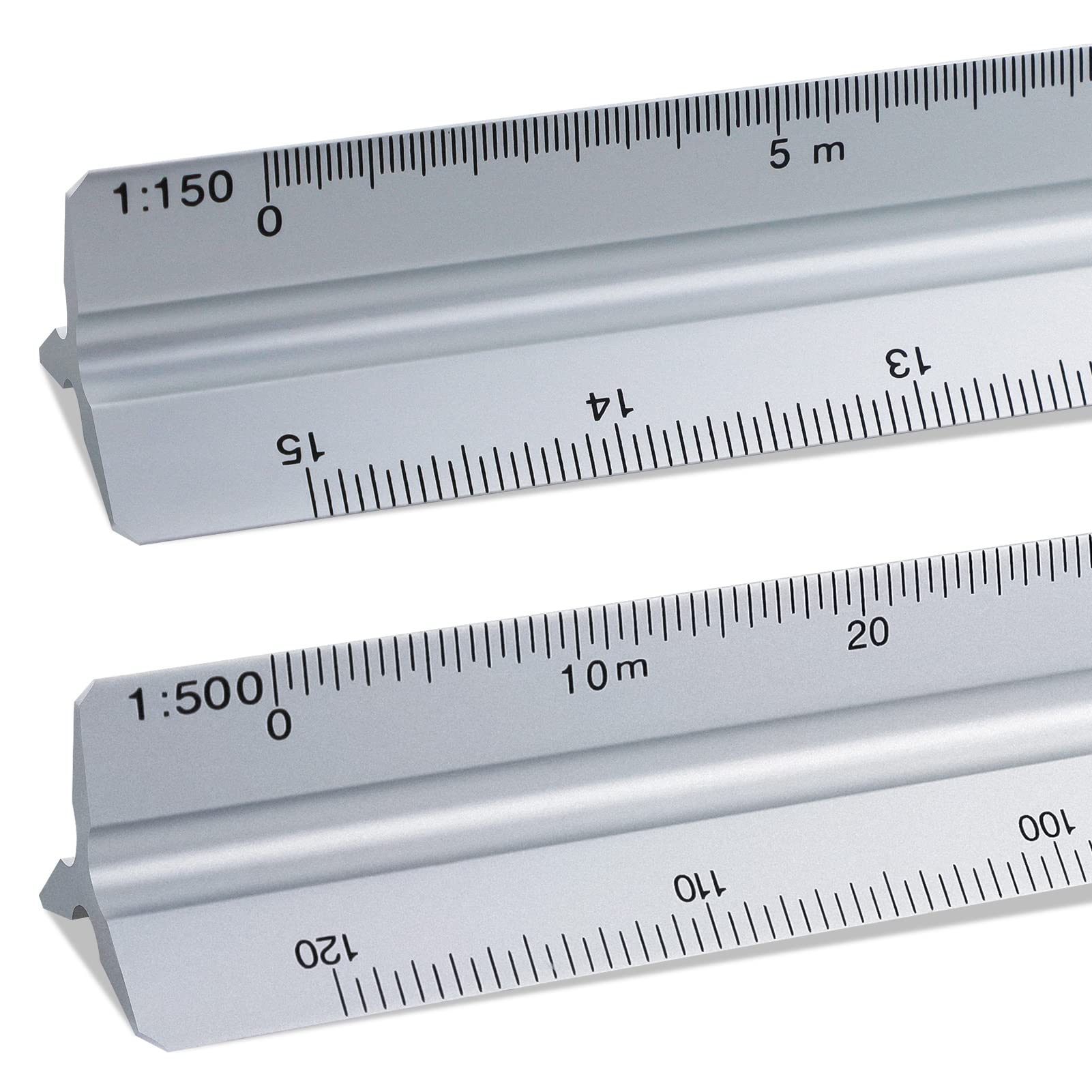 2 Pack Triangular Scale Ruler 30cm, SZXMDKH Metal Ruler, 1:20, 1:25, 1:50, 1:75, 1:100, 1:150 and 1:100, 1:200, 1:250, 1:300, 1:400, 1:500 (Silver)